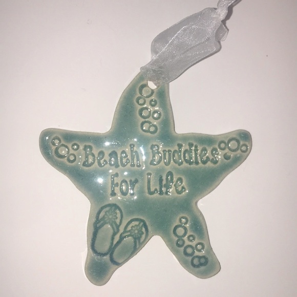 Starfish Sea Star Beach Buddies For Life Embossed Clay white Ribbon Ornament - Picture 2 of 6